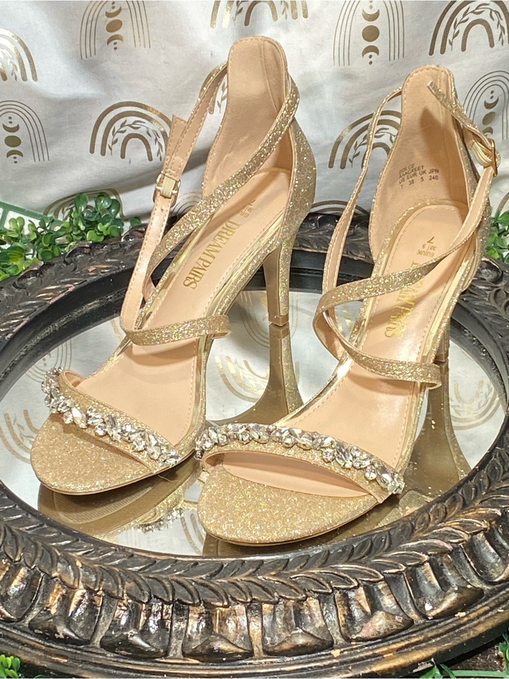 Dream Pairs Gold Glitter Crystal Strap High Heel Sandals